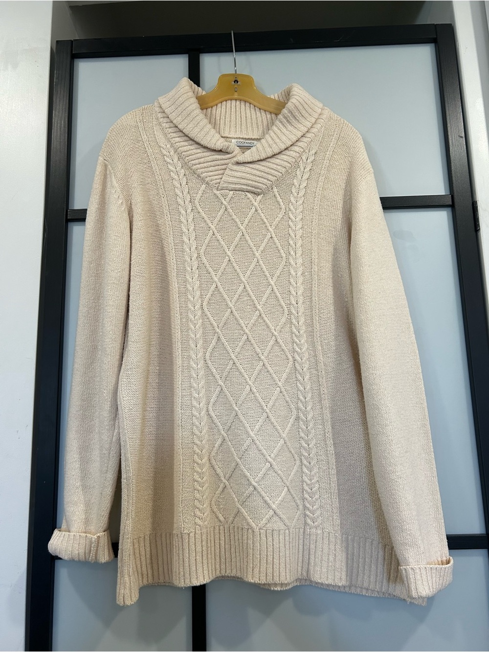 Men's Cream Cable Crewneck Sweater with Shawl Collar
